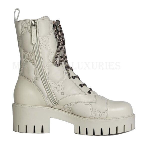 GUCCI BOOTS ANKLE WHITE GG LOGO LEATHER QUILTED LACE-UP  sz 41 11 US - Picture 10 of 15